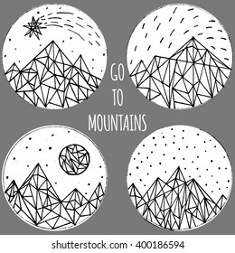 Hand painted ink mountains, polygonal hipster print template or tattoo design. Motivational trendy illustration.