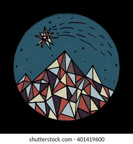 Hand painted ink mountains, polygonal hipster print template or tattoo design. Motivational trendy illustration.