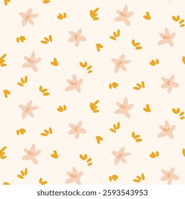 Hand painted jasmine flowers tossed on a color palette of mustard yellow and pastel pink on a beige background. Seamless vector pattern. Great for home decor, fabric, wallpaper, gift wrap, stationery.