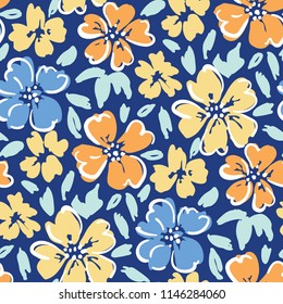 Hand painted large scale floral vector seamless pattern on dark blue background. Stylized outlined flowers. Colorful blooms and foliage