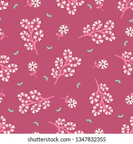 Hand painted large scale floral vector seamless pattern. Dark pink background with stylized stem blooms. Drawn pretty decor garden flowers. Bold petal power foliage all over print. Retro vintage style