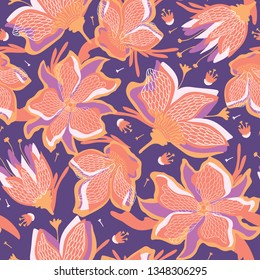 Hand painted large scale floral vector seamless pattern. Coral purple background with elegant lace blooms. Drawn stylized flower garden. Bold petal power foliage all over print. Retro vintage style