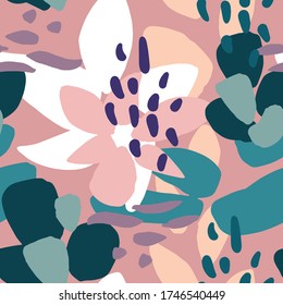 Hand painted large scale floral seamless vector pattern. Abstract colourful composition of graphic shapes for background or packaging design.