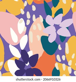 Hand painted large scale floral seamless vector pattern in vibrant high contrast colors. Abstract flower composition of graphic shapes for background or packaging design.