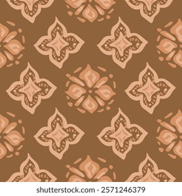 Hand painted leaf shapes in a round motif pattern in a subtle color palette of peach and cream on brown background. A seamless vector pattern. Great for homedecor, fabric, wallpaper, giftwrap, packing