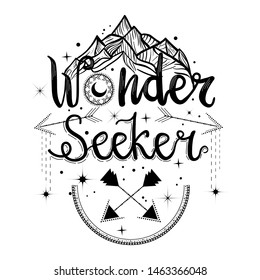 Hand painted lettering phrase "wonder seeker". Boho logo with mountains.