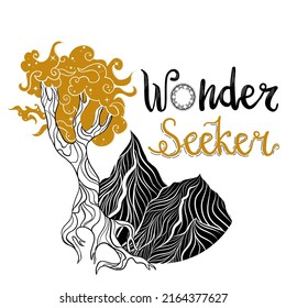 Hand painted lettering phrase "wonder seeker". Boho logo in asian style with mountains and tree.