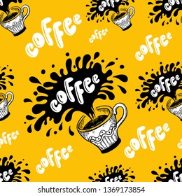 Hand painted lettering seamless pattern Coffee. A splash  in vector on a yellow background. Great print