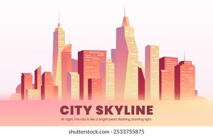 Hand painted light red city skyline illustrations with many skyscrapers