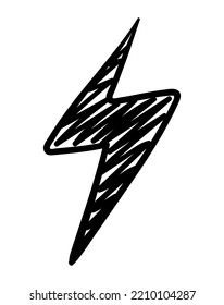 Hand painted lightning. Energy and speed symbol. Electricity and power. Sticker for social networks, reaction for messengers. Childrens pencil drawing, sketch. Cartoon flat vector illustration