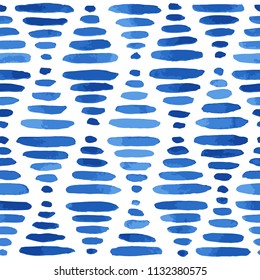Hand painted lined rhombuses background in blue. Seamless vector pattern