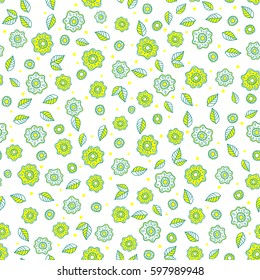 Hand painted little flowers on a white. Vector abstract elegance seamless pattern with floral background in blue and yellow colors.
