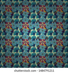 Hand painted little flowers. Vector abstract elegance seamless pattern with floral background in violet, blue and green colors.