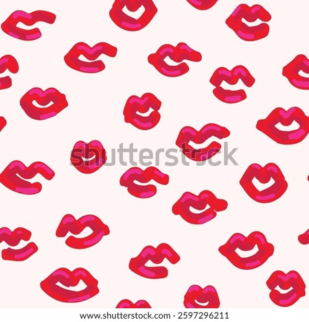 Hand painted luscious red lip kisses in a color palette of pink, red and peach on cream background. Valentine’s seamless vector pattern. Great for home decor, fabric, wallpaper, gift wrap, stationery.