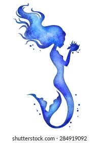 Hand painted mermaid watercolor vector silhouette illustration