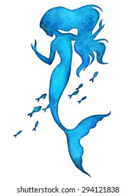 Hand painted mermaid watercolor vector silhouette illustration