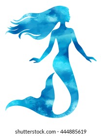 Hand painted mermaid, watercolor vector silhouette illustration.