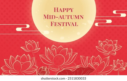 Hand painted Mid-Autumn Festival horizontal illustration of lotus and moon on a red background