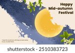 Hand painted Mid-Autumn Festival watercolor style horizontal plate illustration moon and osmanthus flowers