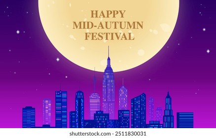 Hand painted Mid-Autumn horizontal illustration city night scene and the moon