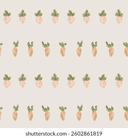 Hand painted mini carrot and turnip in spring time in colors of brown, cream and green on a gray background. Easter seamless vector pattern. Great for home decor, fabric, wallpaper, gift wrap, packing