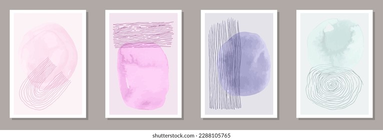 Hand painted minimal banners vector set. Watercolor blotches texture. 50s style frames. Stylish home decor layouts. Scribble elements.