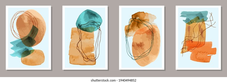 Hand painted minimal canvas vector collection. Watercolor smears backgrounds. 20s style frames. Cool artwork templates. Doodle elements.