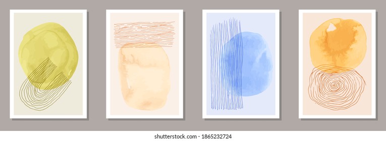 Hand painted minimal covers vector collection. Watercolor blots texture. Scandinavian style prints. Stylish artwork layouts. Scribble elements.