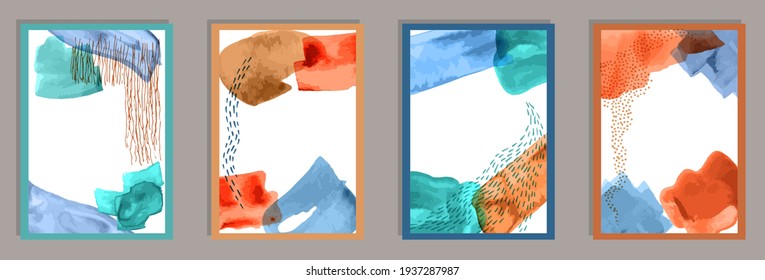 Hand painted minimal postcards vector collection. Watercolor splashes patterns. 20s style frames. Cool home decor layouts. Brush stroke elements.