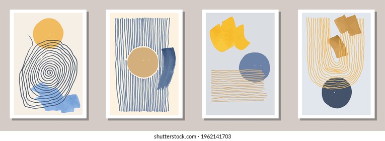Hand painted minimal postcards vector set. Watercolor blots shapes. Nordic style design. Stylish wall poster layouts. Scribble elements.