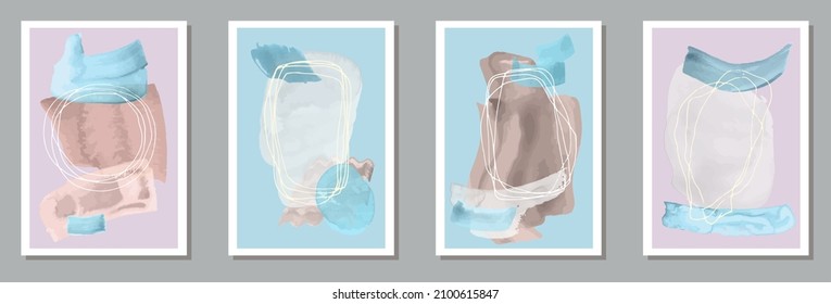 Colección vectorial mínima de postales pintadas a mano. Las acuarelas oscilan entre los patrones. marcos de estilo de los años 20. Estilosas plantillas de póster de pared. Elementos de trazo de pincel.