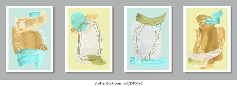 Hand painted minimal posters vector set. Watercolor spots backgrounds. Japanese style design. Cool artistic cover templates. Brush stroke elements.