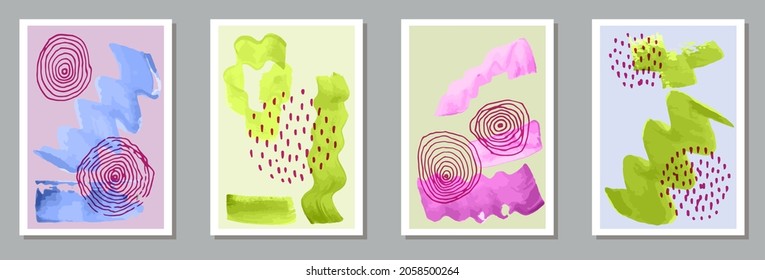 Juego de vectores de banners minimalistas pintados a mano. Las acuarelas manchan la textura. marcos de estilo escandinavo. Fresco diseño de afiches en la pared. Elementos de trazo de pincel.