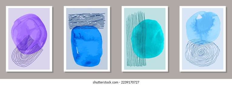 Handgemalte minimalistische Postkarten, Vektorset. Aquarellbilder mit Hintergrundbildern. Chinesisches Design. Jugendbanner-Vorlagen. Pinselstriche.