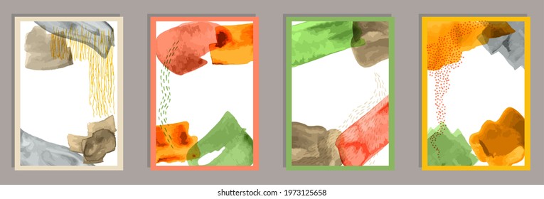 Hand painted minimalist posters vector set. Watercolor blotches shapes. Chinese style prints. Cool house decor layouts. Scribble elements.