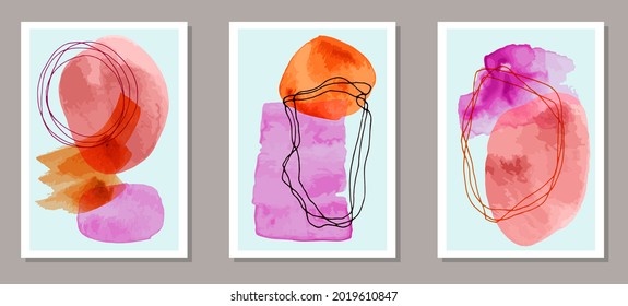 Hand painted minimalist posters vector collection. Watercolor spots shapes. Japanese style design. Cool wall poster layouts. Scribble elements.
