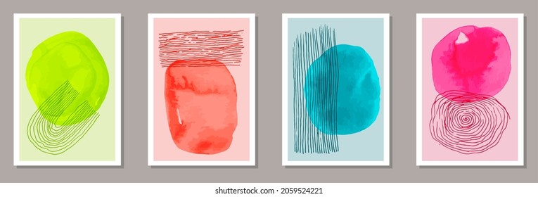 Hand painted minimalist posters vector set. Watercolor blotches collage. Scandinavian style prints. Cool home decor layouts. Brush stroke elements.