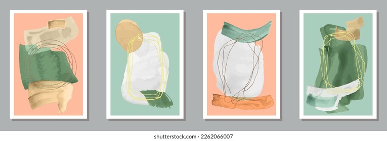 Hand painted minimalist posters vector set. Watercolor blots texture. 50s style frames. Cool artistic cover layouts. Scribble elements.
