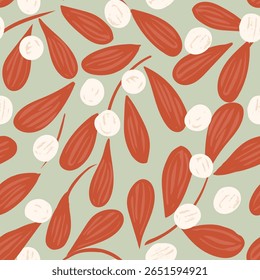 Folhas de visco pintadas à mão e bagas como um padrão de férias festivo mínimo em cores de marrom, branco e verde sábio. Natal padrão vetor sem emenda. Ótimo para decoração, tecido, papel de parede, etc