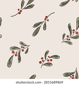Hand painted mistletoe leaves and berries placed diagonally, as a minimalist holiday foliage design in colors of green, red, black and pink. Christmas seamless vector pattern. Great for home decor, fabric, wallpaper, gift wrap, stationery, packaging design projects.