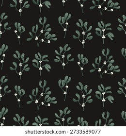 Hojas y ramas de muérdago pintadas a mano que forman un patrón de follaje navideño minimalista en colores de verde, blanco y marrón sobre negro. Navidades sin patrón de Vector. Ideal para la decoración del hogar, tela, Fondo de pantalla, papel de regalo, papelería, proyectos de diseño de embalaje.