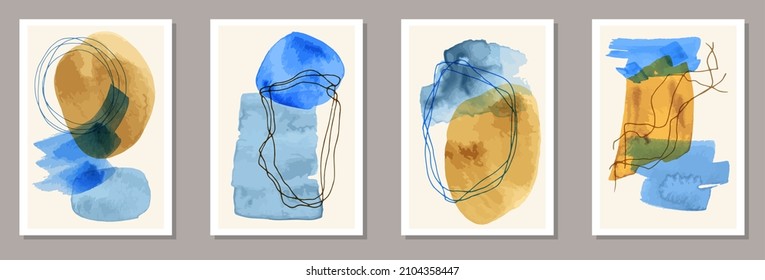 Hand painted modern banners vector set. Watercolor blots backgrounds. Nordic style frames. Youth home decor layouts. Doodle elements.