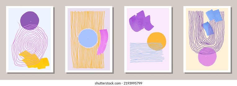 Hand painted modern banners vector collection. Watercolor spots texture. 20s style prints. Cool wall poster layouts. Scribble elements.