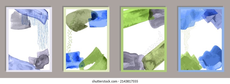 Cubiertas modernas pintadas a mano conjunto vectorial. Patrones de manchas acuáticas. Marcos de estilo nórdico. Decoración de una casa juvenil. Elementos resquebrajadores.