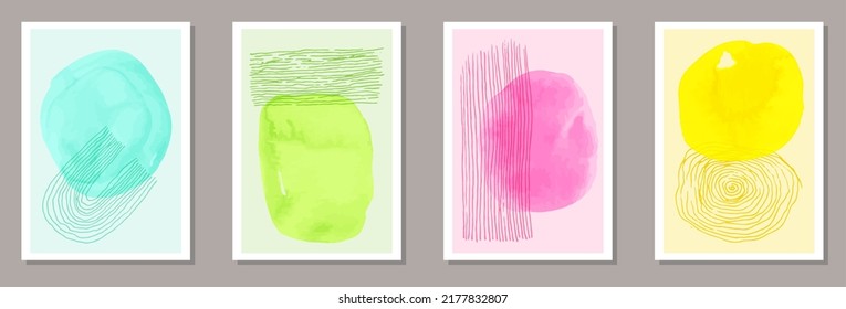 Juego de vectores de afiches modernos pintados a mano. Patrones de manchas acuáticas. Impresiones de estilo escandinavo. Plantillas de carteles de la oficina juvenil. Elementos de trazo de pincel.