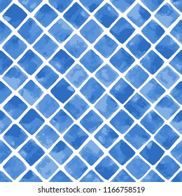 Hand painted mosaic background with diagonally laid squares in blue. Seamless vector pattern