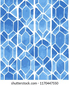 Hand painted mosaic background with diamonds and triangles in blue. Stained glass imitation. Seamless vector geometric pattern