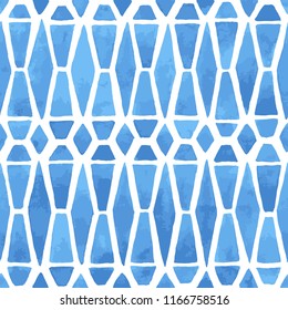 Hand painted mosaic background with geometric elements in blue. Stained glass imitation. Seamless geometric vector pattern