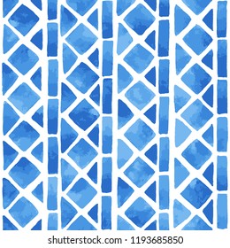 Hand painted mosaic background with geometric elements in blue. Seamless vector pattern