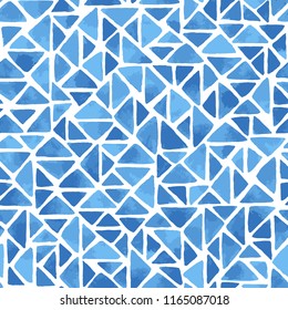 Hand painted mosaic background with triangles in blue. Seamless vector pattern